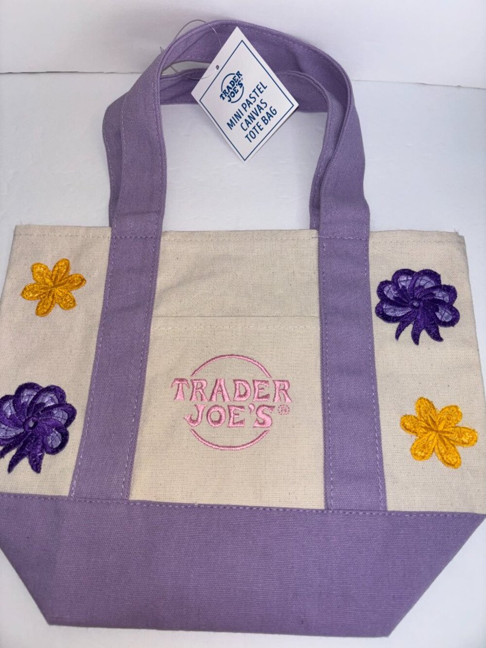 NEW Unique Designs Sewn on Embroidered Colorful Flower Trader Joes Mini Tote Bag